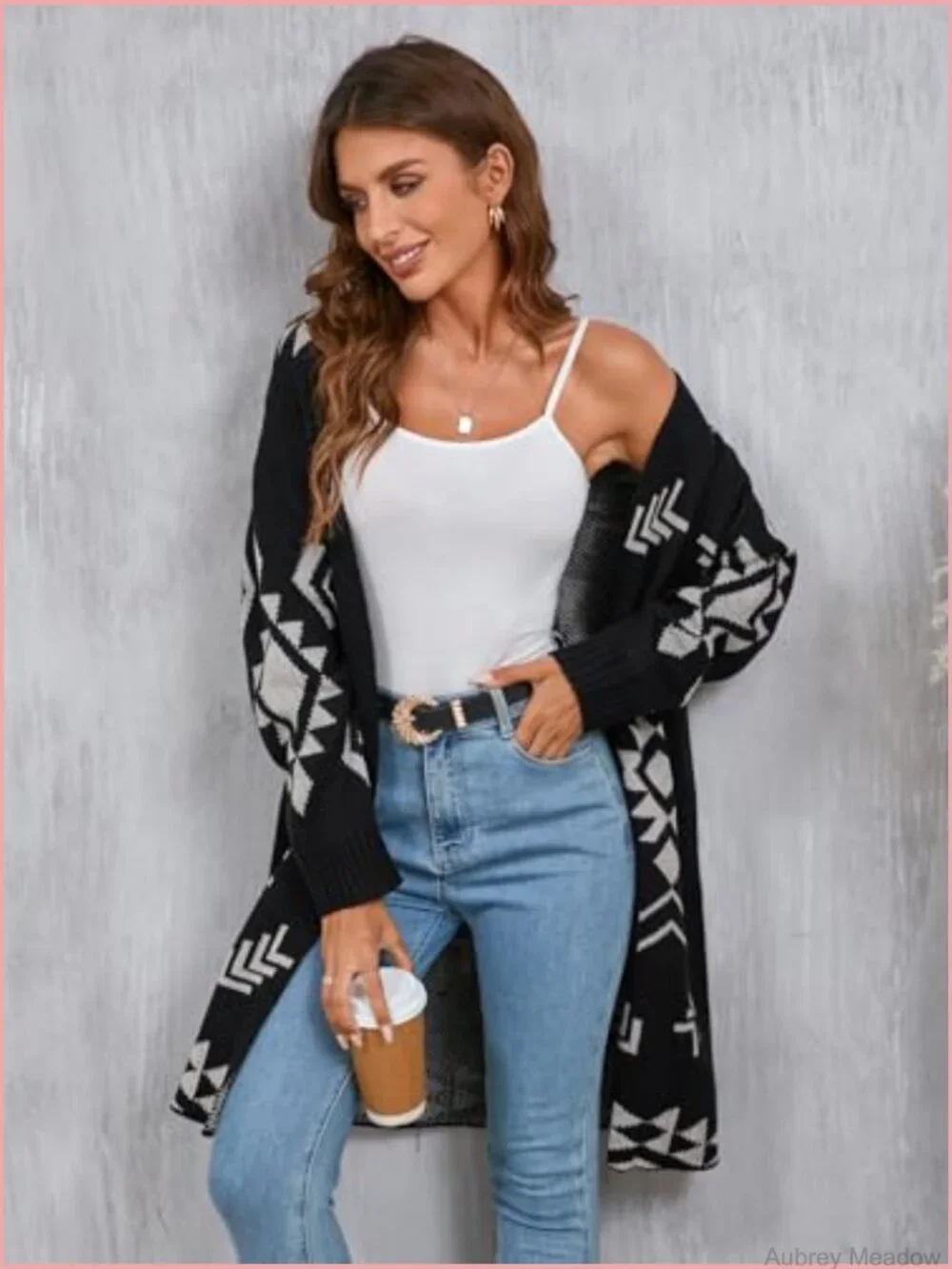 Womens Oversized Long Cardigan Open Front Fall Trendy Geometric Jacquard Knit - Picture 6 of 7